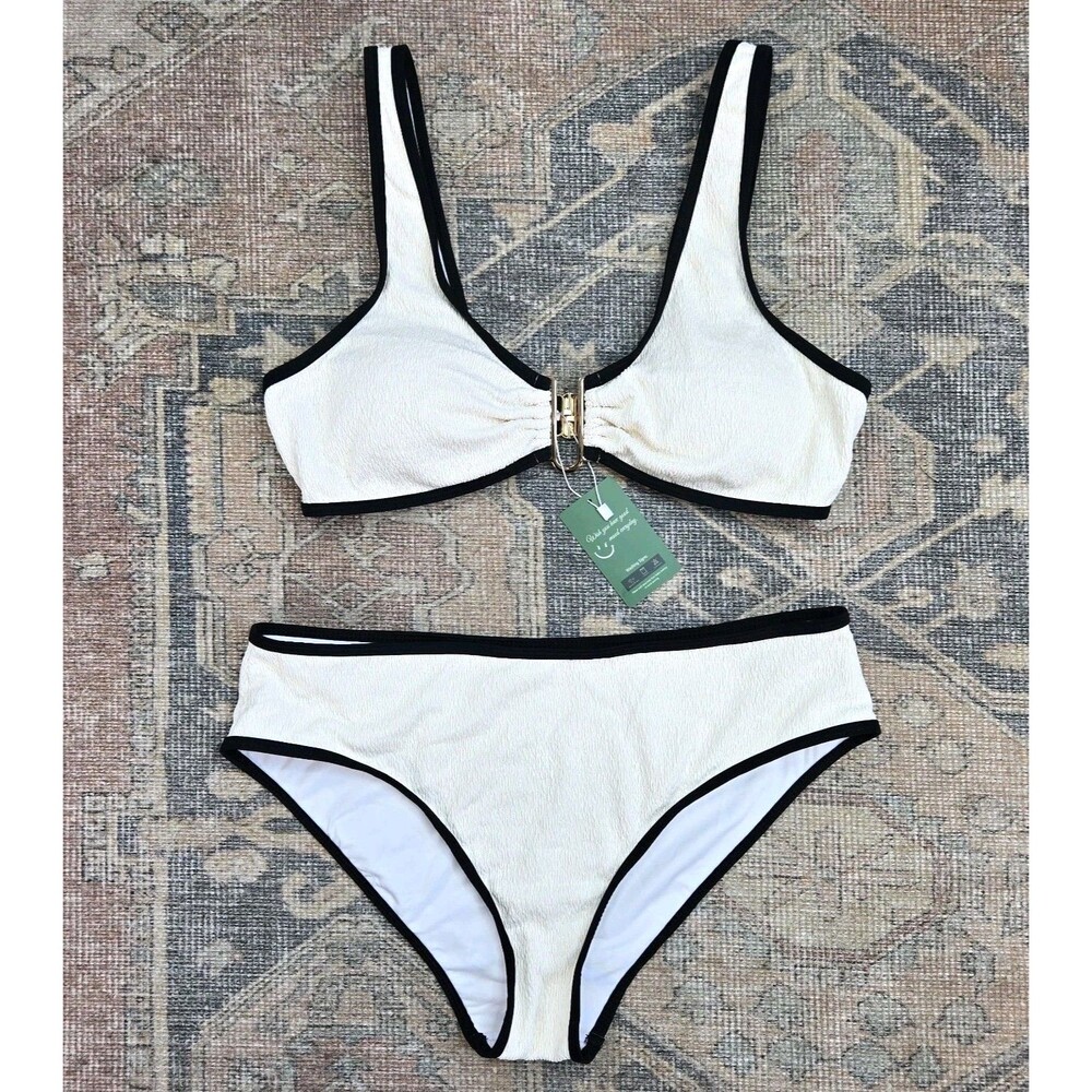 Swimall Ivory Black Bikini Set Gold Clasp High Waist Bralette Size L NWT